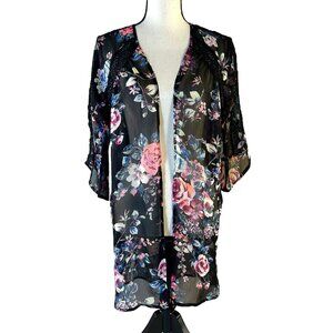 Express Kimono Cardigan Sheer Black Pink Floral Lace Chiffon Cover Up XS S M